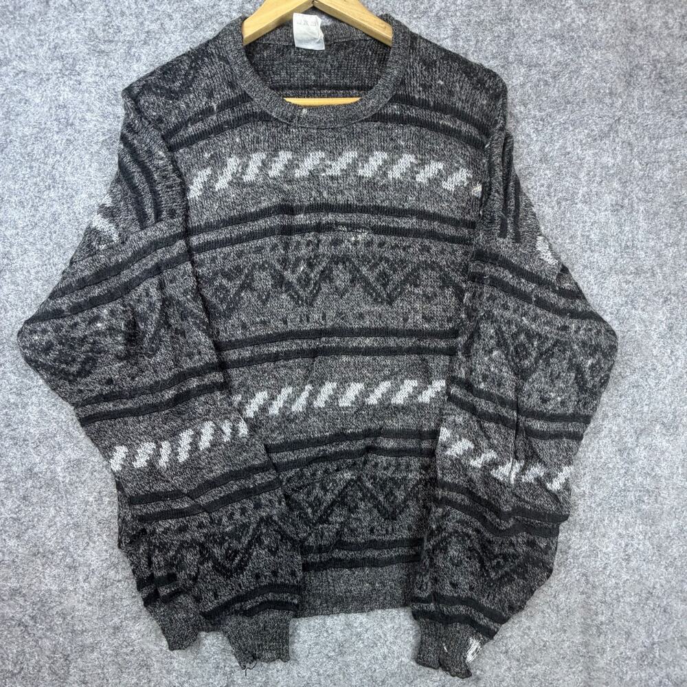 Vintage C&A Sweater Mens L Charcoal‎ Gray Wool Aztec Cozy Cosby Dad Grandpa